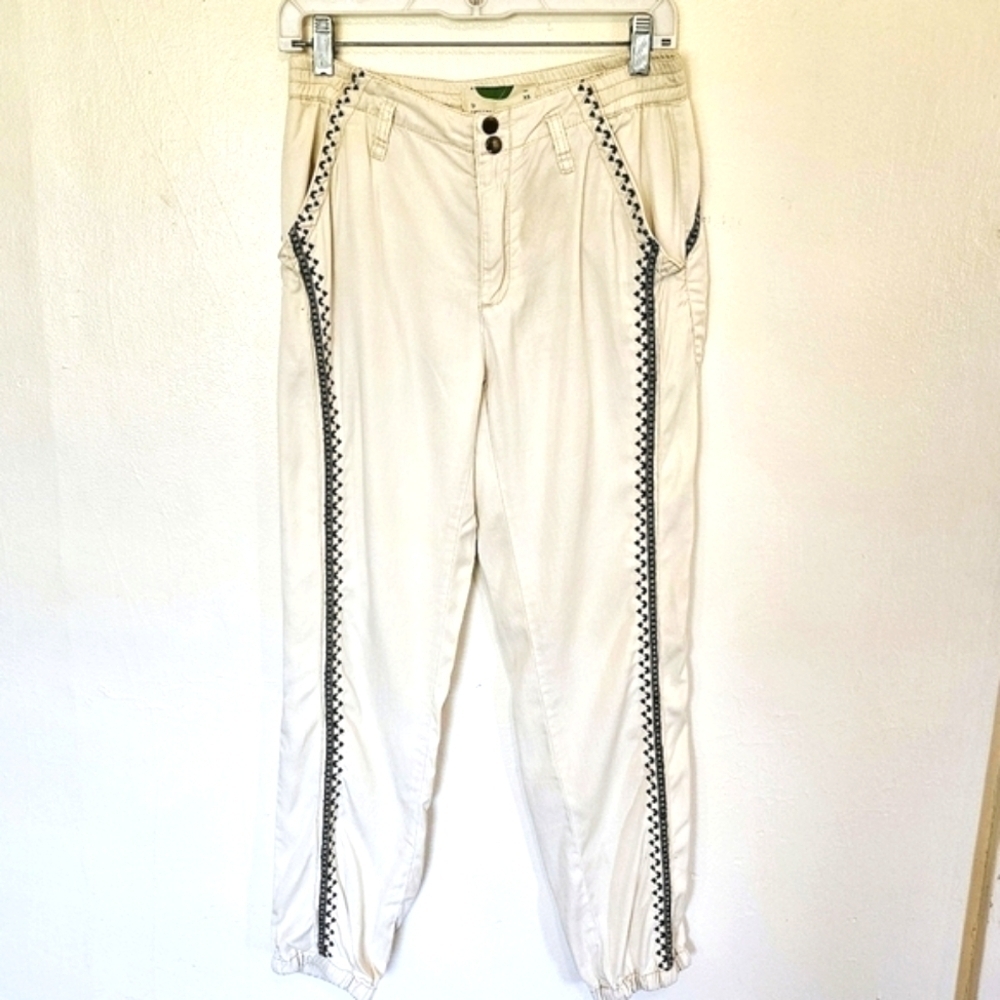 Anthropologie Cream Embroidered Lyocell Casual Comfort Joggers